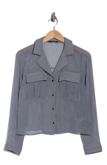 T Tahari Print Long Sleeve Crop Blouse In Gray