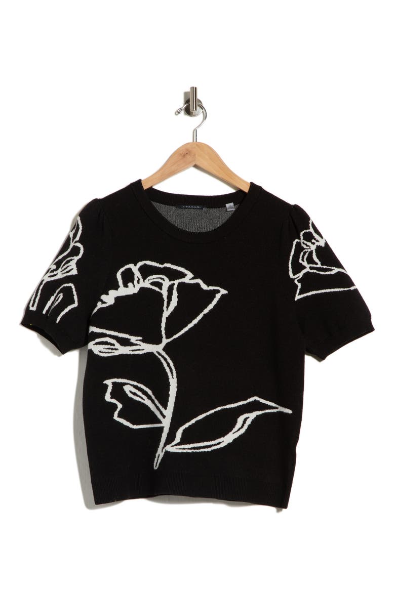 Intarsia Puff Sleeve Sweater, Alternate, color, BLACK / WHITE