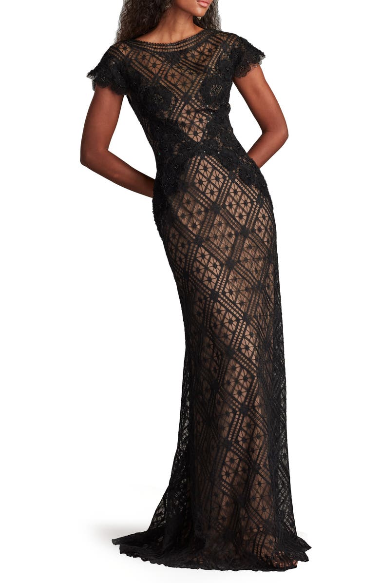 Tadashi Shoji Embellished Flutter Sleeve Lace Mermaid Gown, Alternate, color, Black/ Nude