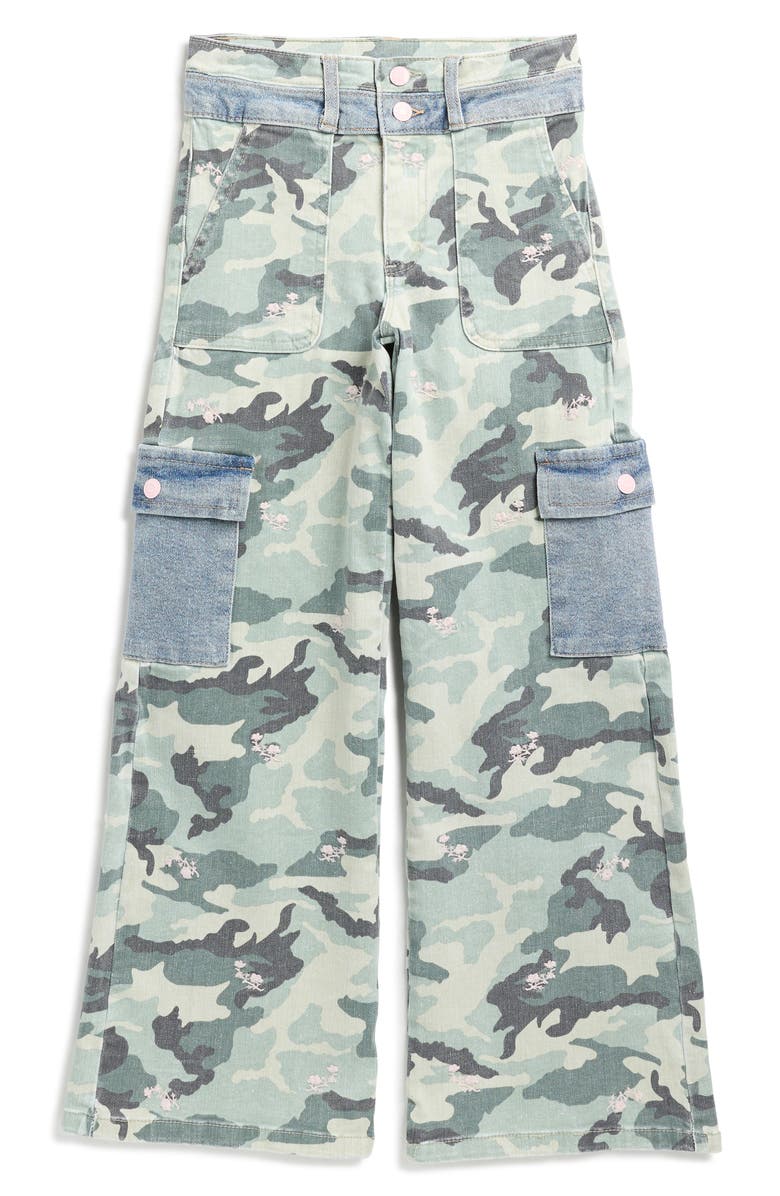 Tractr Kids' Camo Print Wide Leg Cargo Jeans, Main, color, Green Camo