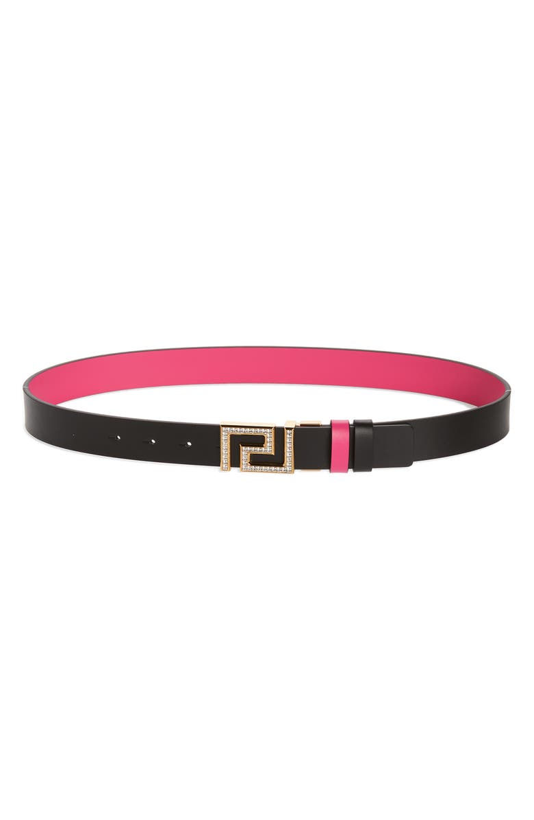 Versace Pavé La Greca Buckle Reversible Leather Belt, Main, color,