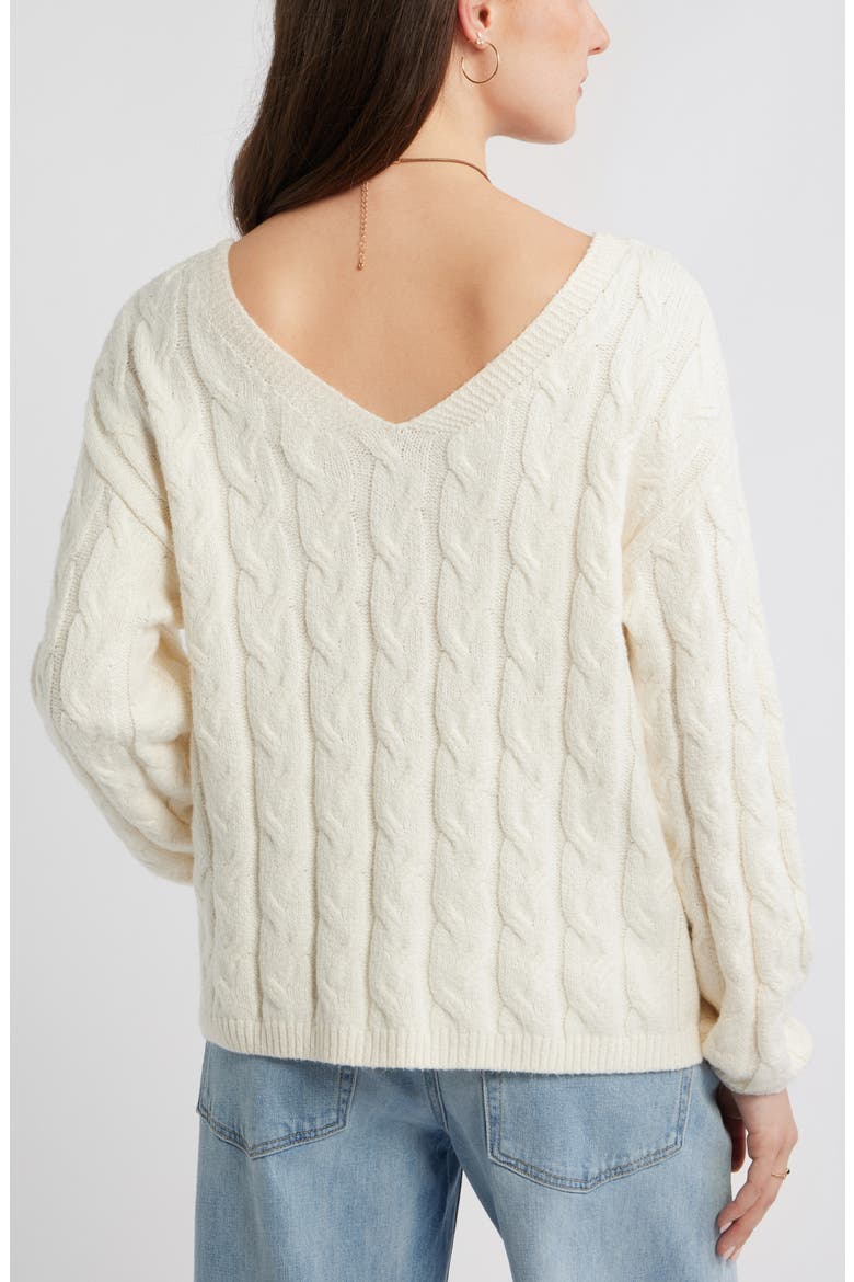 Cable Knit V-Neck Cotton Blend Sweater, Alternate, color, IVORY ANTIQUE