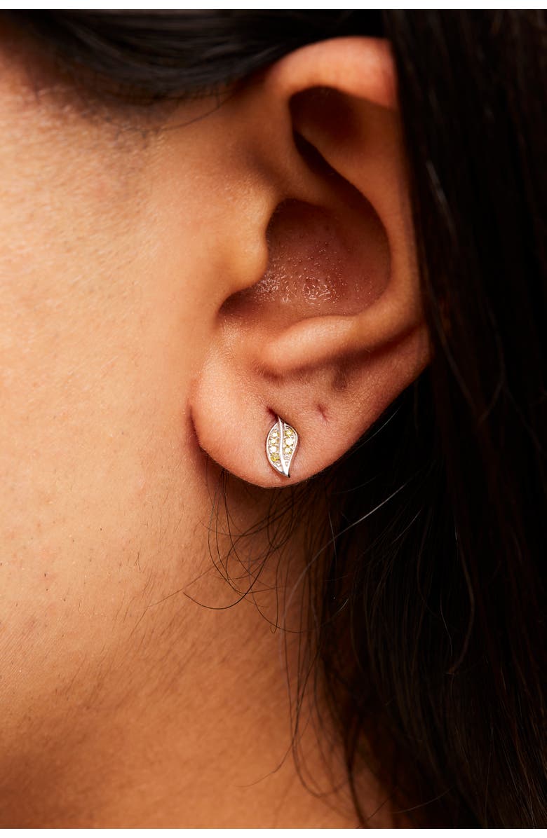 Haus of Brilliance Silver Yellow Diamond Accent Leaf Stud Earrings, Alternate, color, White