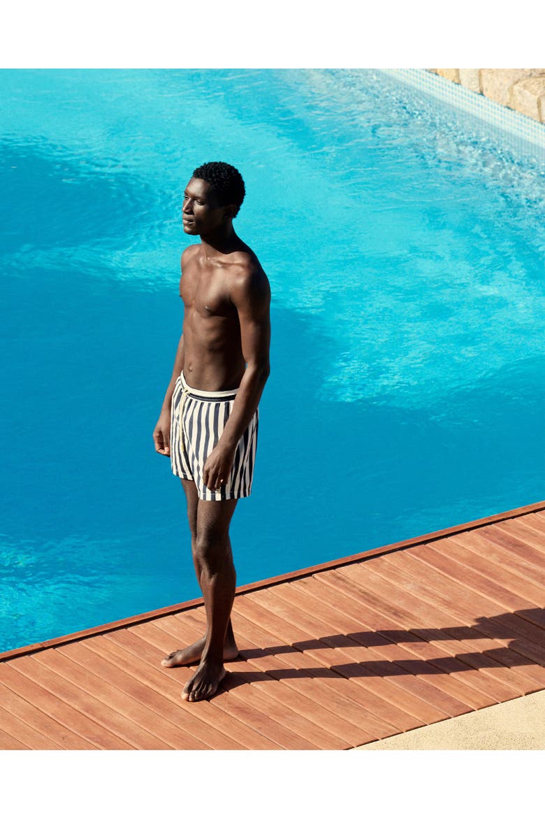 Boxer Mid-Length Relaxed Fit Bold Stripe Drawcord Swim Shorts, Alternate, color, NIGHT IRIS/WHITE SAND STRIPE