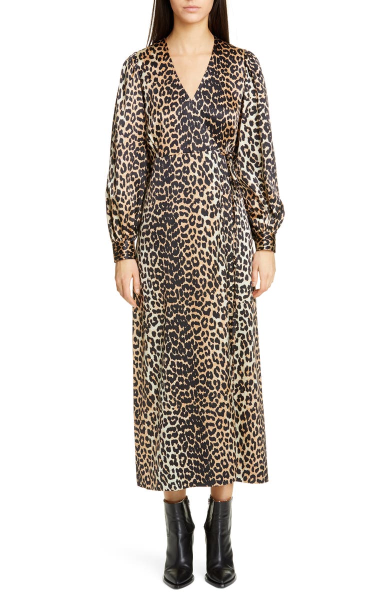 Ganni Leopard Print Long Sleeve Silk Satin Midi Wrap Dress, Main, color, 