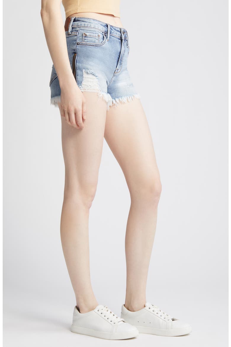 Distressed Side Zip Fringe Denim Shorts, Alternate, color, LIGHT WASH