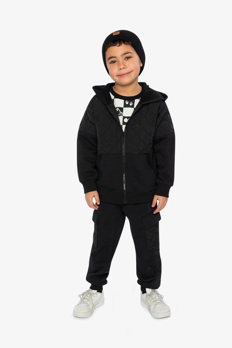 Full Zip Hooded Quilted Chest Panel Cardigan, Alternate, color, Black