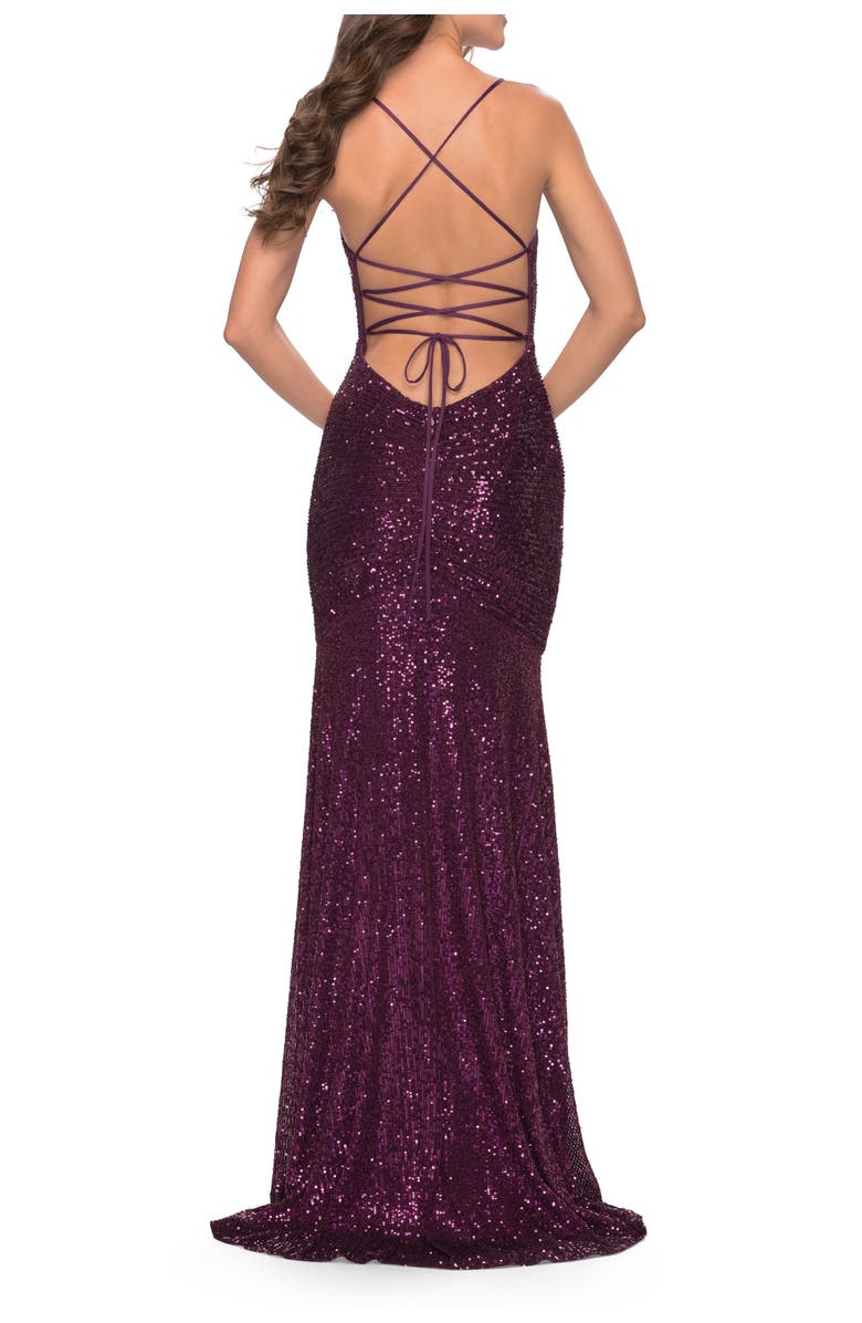 La Femme Lace Up Back Sequin Gown with Flare Skirt, Alternate, color, Dark Berry