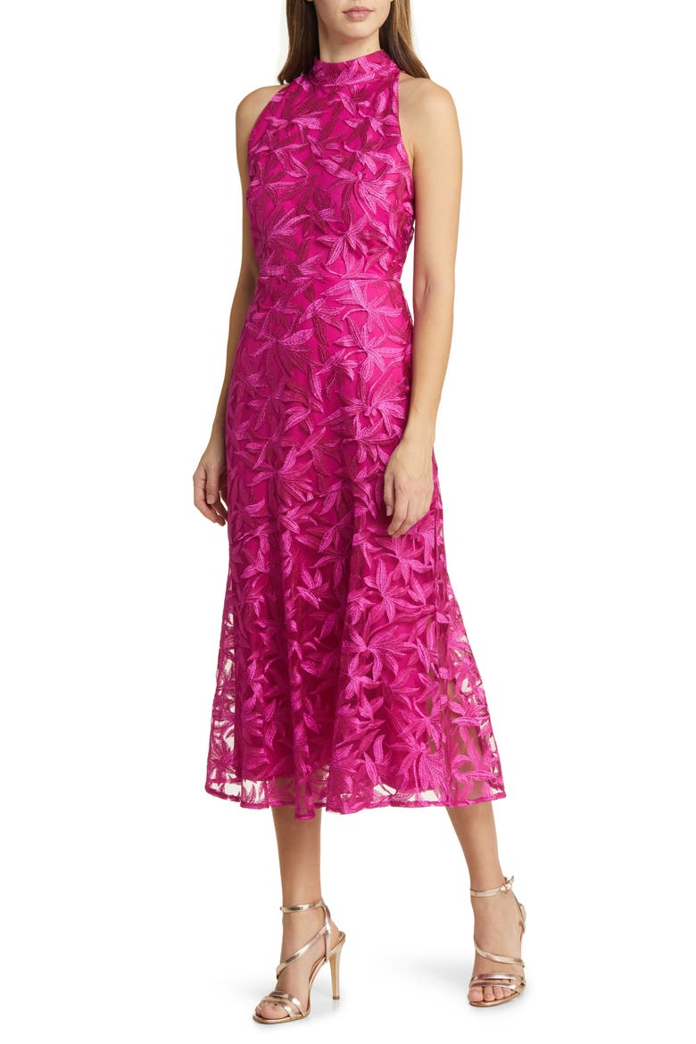 Embroidered Mock Neck Midi Dress, Main, color, DARK PINK