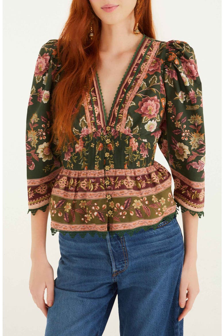 Flowering Garden Tree Linen Blend Top, Main, color, GREEN