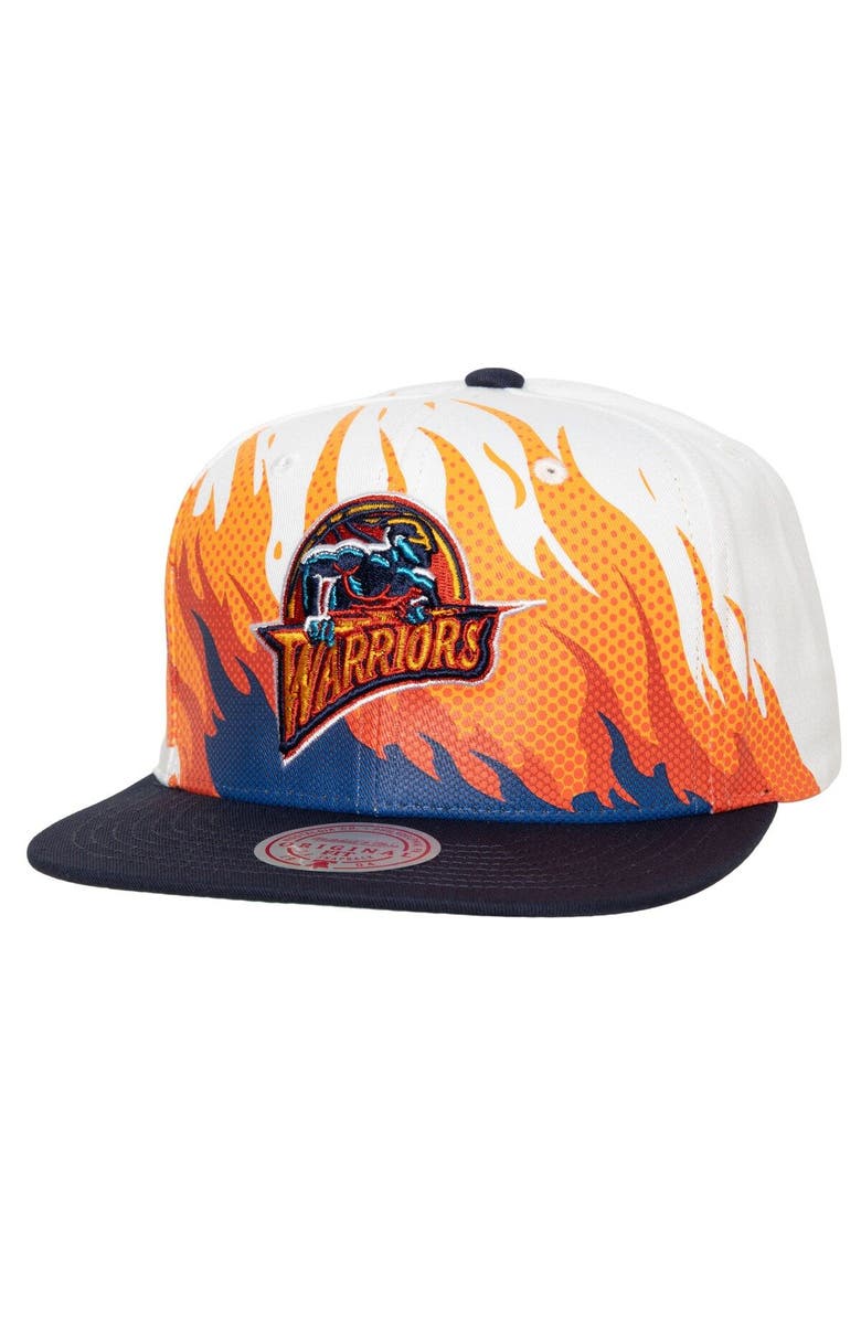 Mitchell & Ness Men's Mitchell & Ness White Golden State Warriors Hot Fire Snapback Hat, Main, color, 