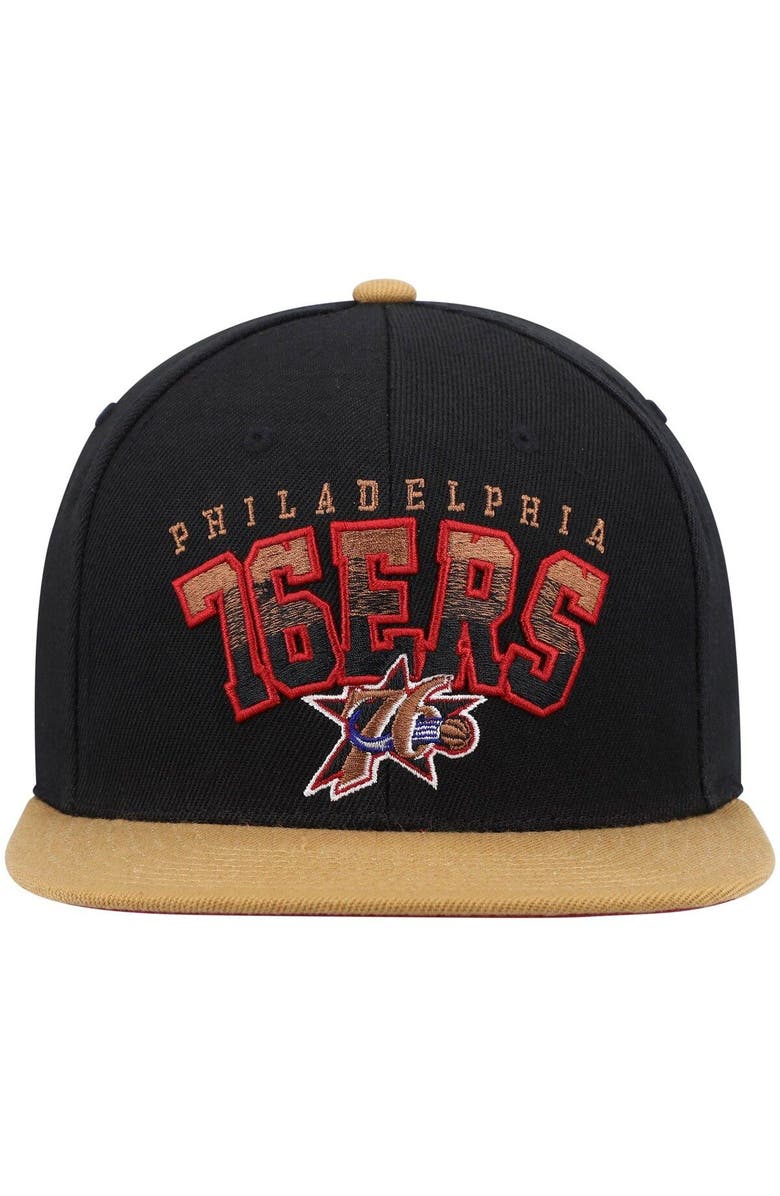 Mitchell & Ness Men's Mitchell & Ness Black/Tan Philadelphia 76ers Hardwood Classics Gradient Wordmark Snapback Hat, Alternate, color, 