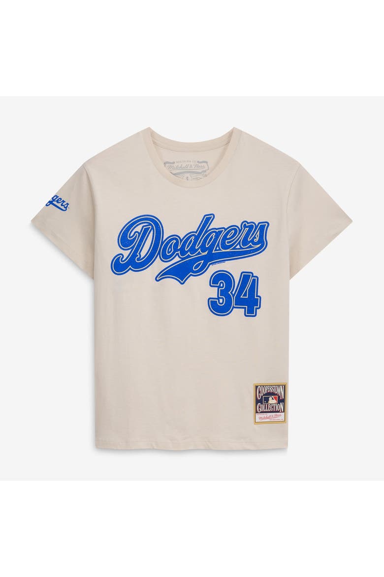 Women's Mitchell & Ness Fernando Valenzuela Cream Los Angeles Dodgers Cooperstown Name & Number Throwback T-Shirt, Main, color, Cream