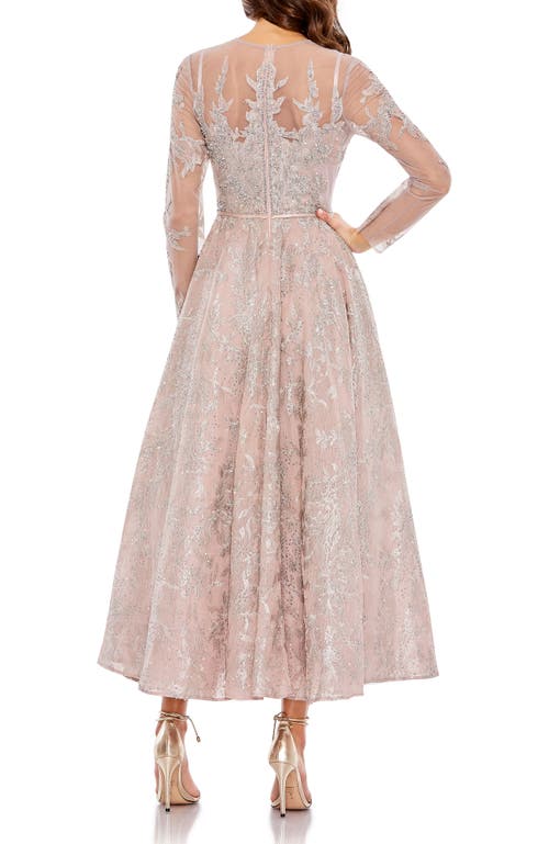 Mac Duggal Embellished Bow Belt Illusion Long Sleeve A Line Dress In Rose