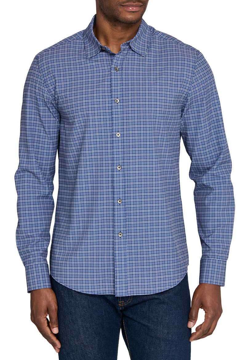Basic Slim Fit Navy Plaid Performance Button-Up Shirt, Main, color, NAVY