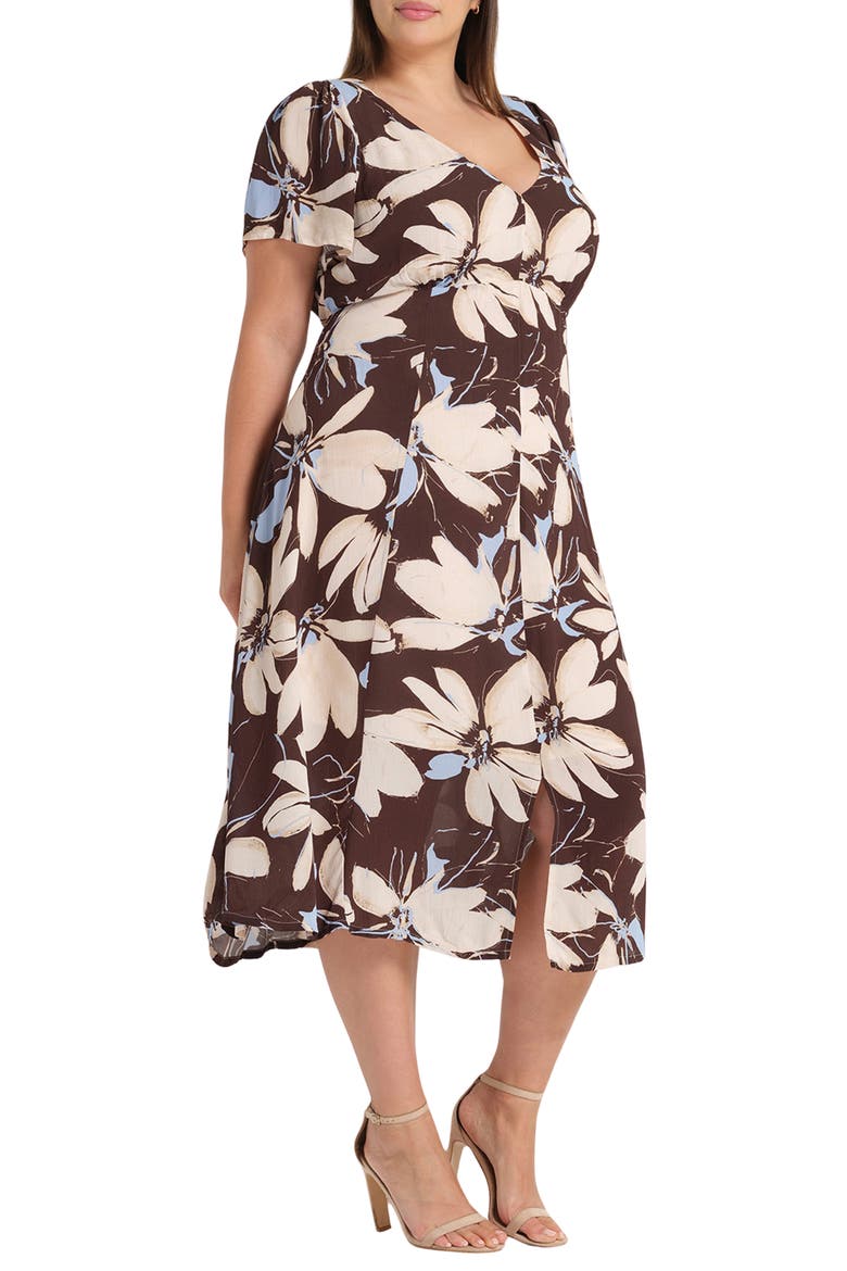 Caroline Floral Print Midi Dress, Alternate, color, BLUEBELL/ CHOC
