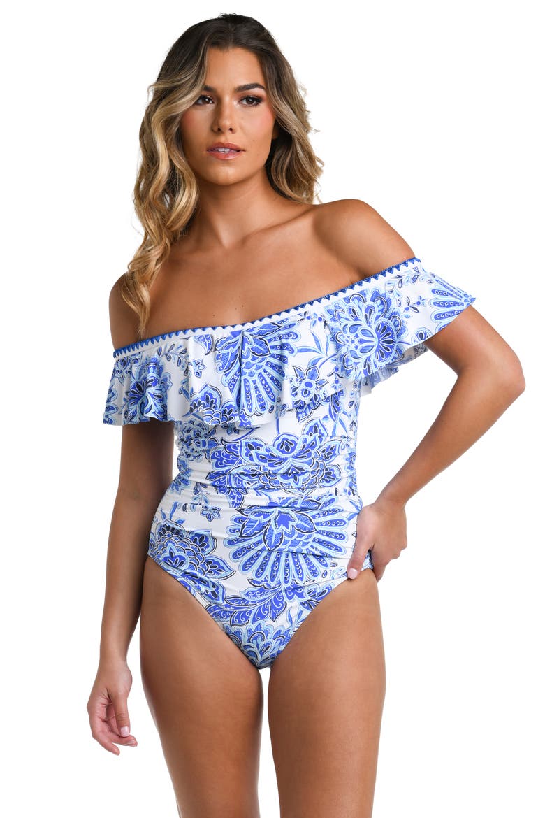Beyond Off the Shoulder Ruffle One-Piece Swimsuit, Alternate, color, BLUE