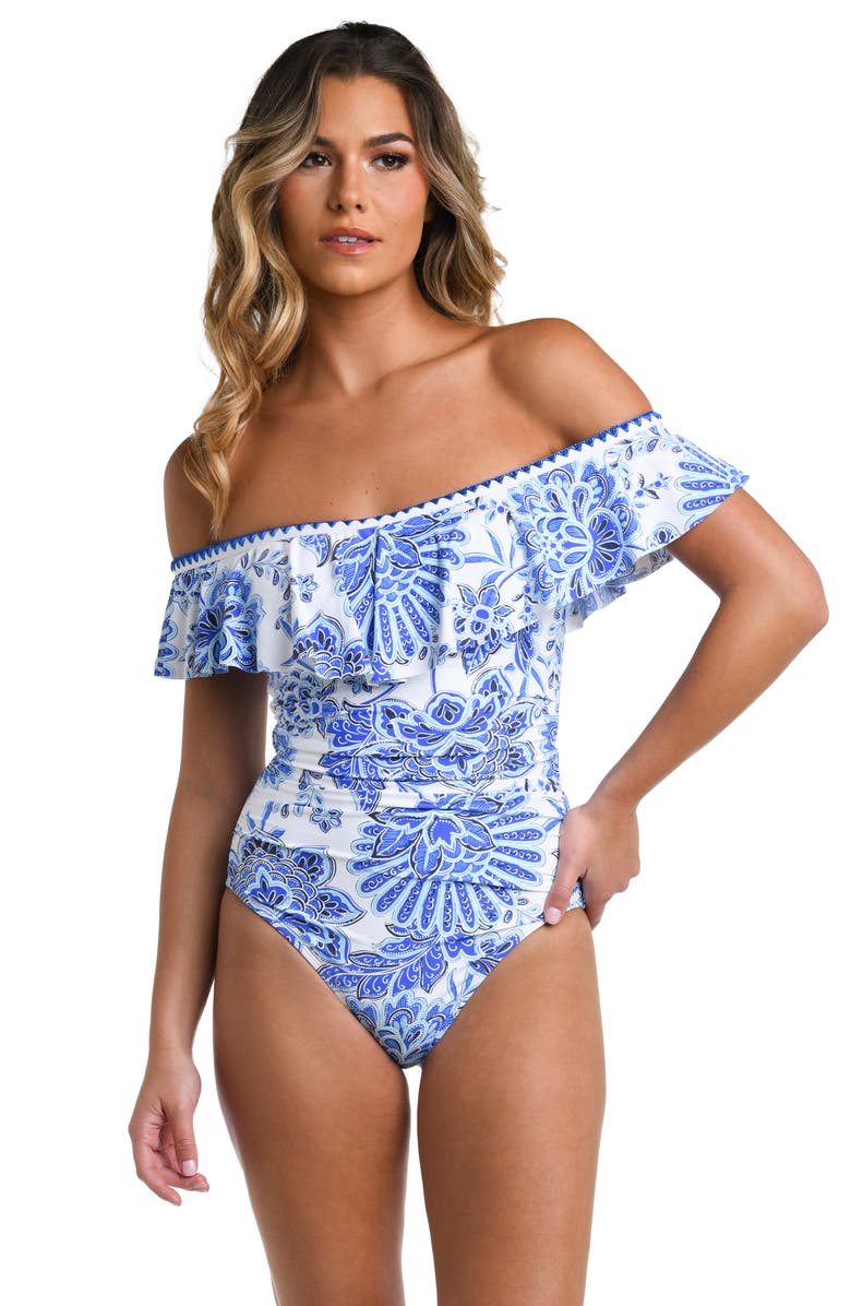 La Blanca Beyond Off the Shoulder Ruffle One-Piece Swimsuit, Alternate, color, Blue