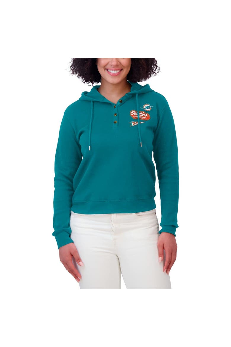 Women's WEAR by Erin Andrews Aqua Miami Dolphins Waffle-Knit Pullover Hoodie, Alternate, color, Aqua