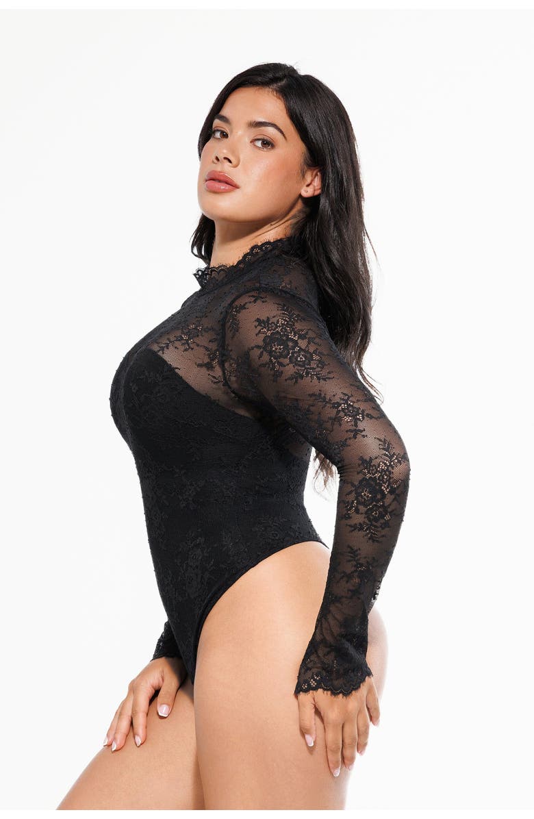 Popilush Shapewear Mock Neck Long Sleeve Floral Lace Bodysuit, Alternate, color, Midnight Black
