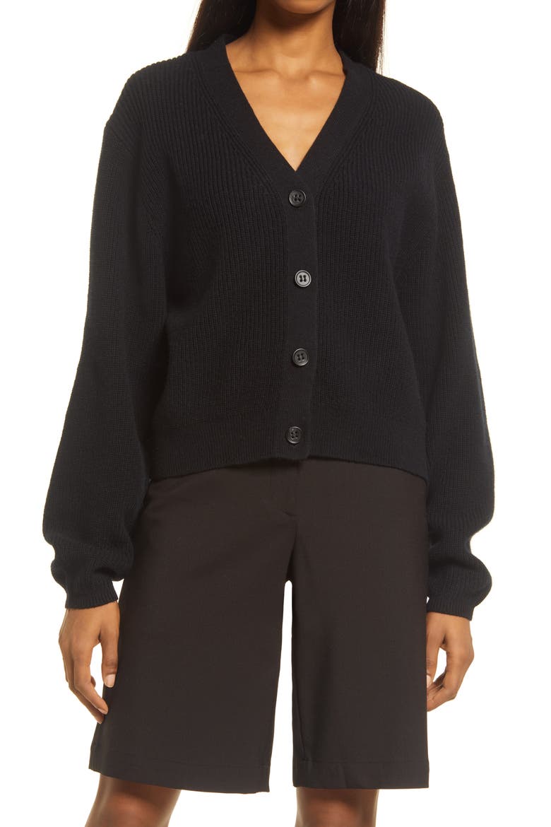 Boxy Lambswool Cardigan, Alternate, color, BLACK