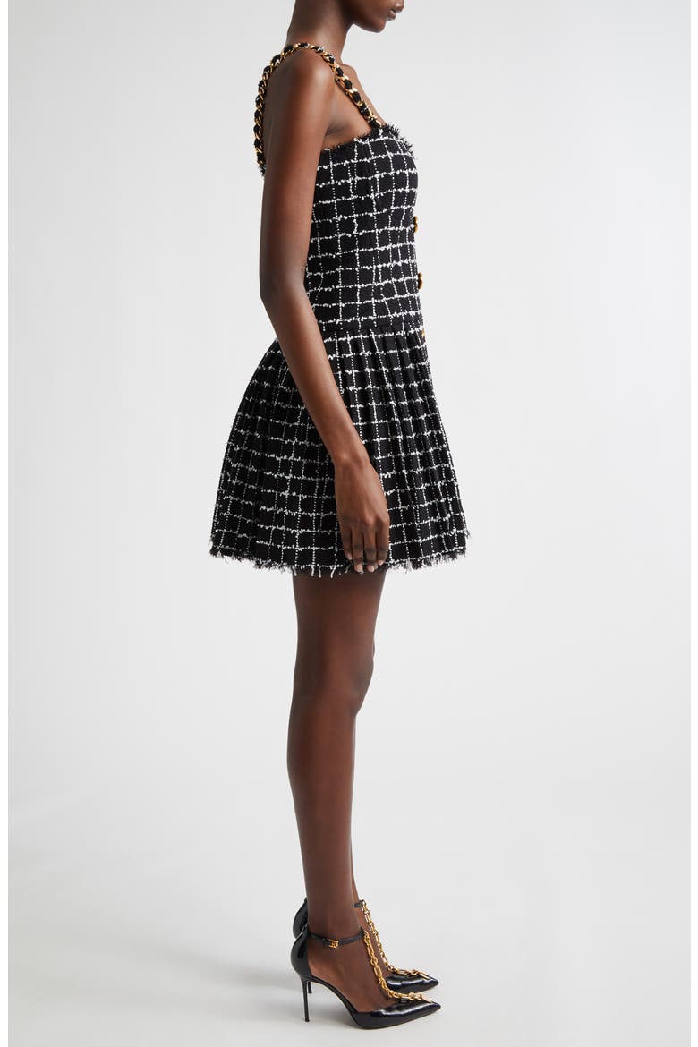 Chain Strap Check Tweed Fit & Flare Minidress, Alternate, color, EAB BLK/ WHITE