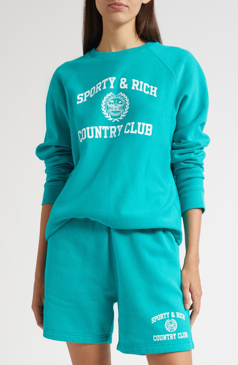 Sporty & Rich Varsity Crest Crewneck Graphic Sweatshirt, Main, color, Spring Green