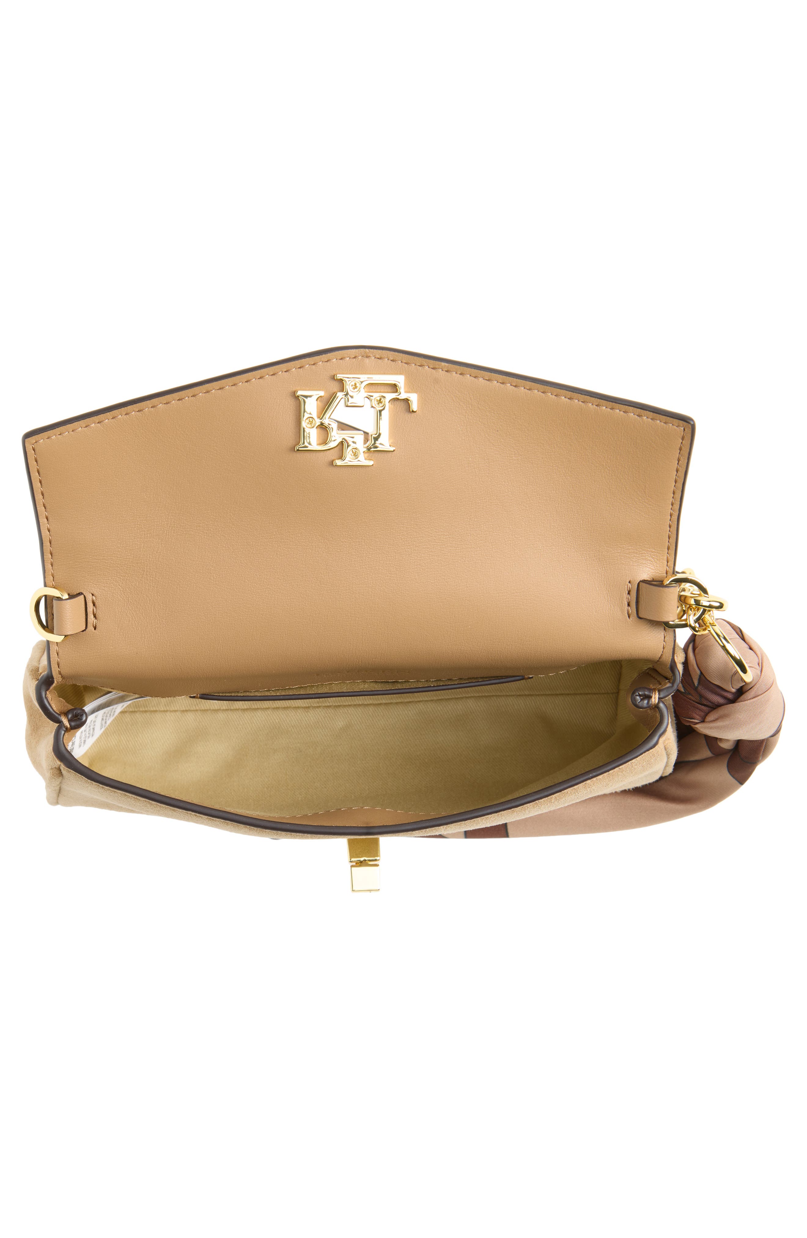 Small Suede Turnlock Crossbody Bag with Scarf, Alternate, color, CAMEL