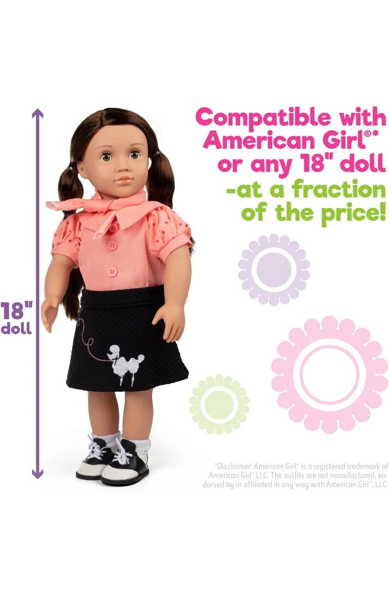 Dress Along Dolly Poodle Skirt Doll Outfit for American 18" Girl Dolls (5 Piece Set)- 1950's Costume Clothes Include Scarf, Skirt, Shirt, Socks, Shoes, Alternate, color, Pink