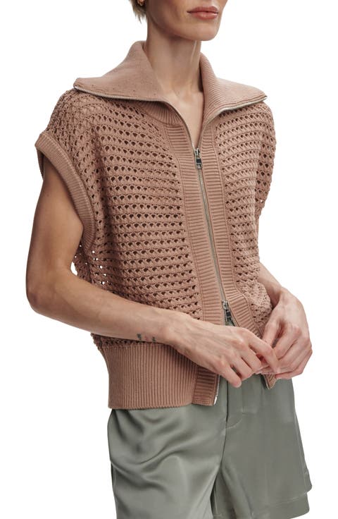 Liliana Open Stitch Short Sleeve Zip-Up Cardigan