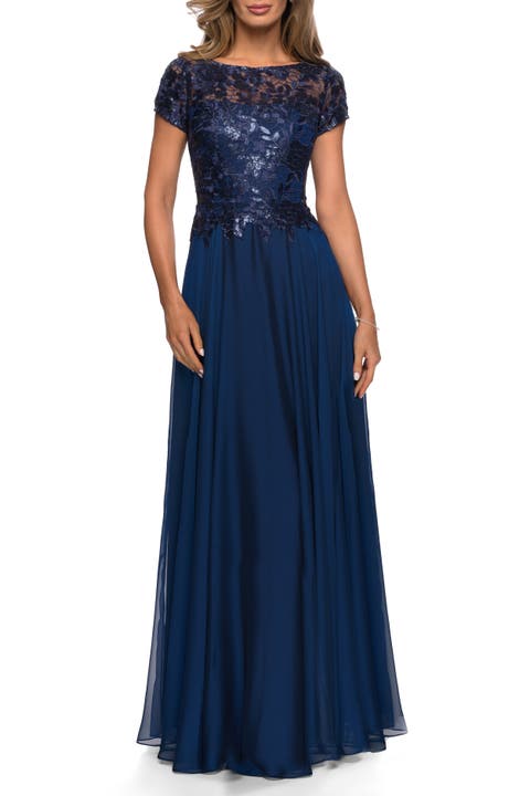 Short Sleeve Metallic Lace Evening Dress with Chiffon Skirt