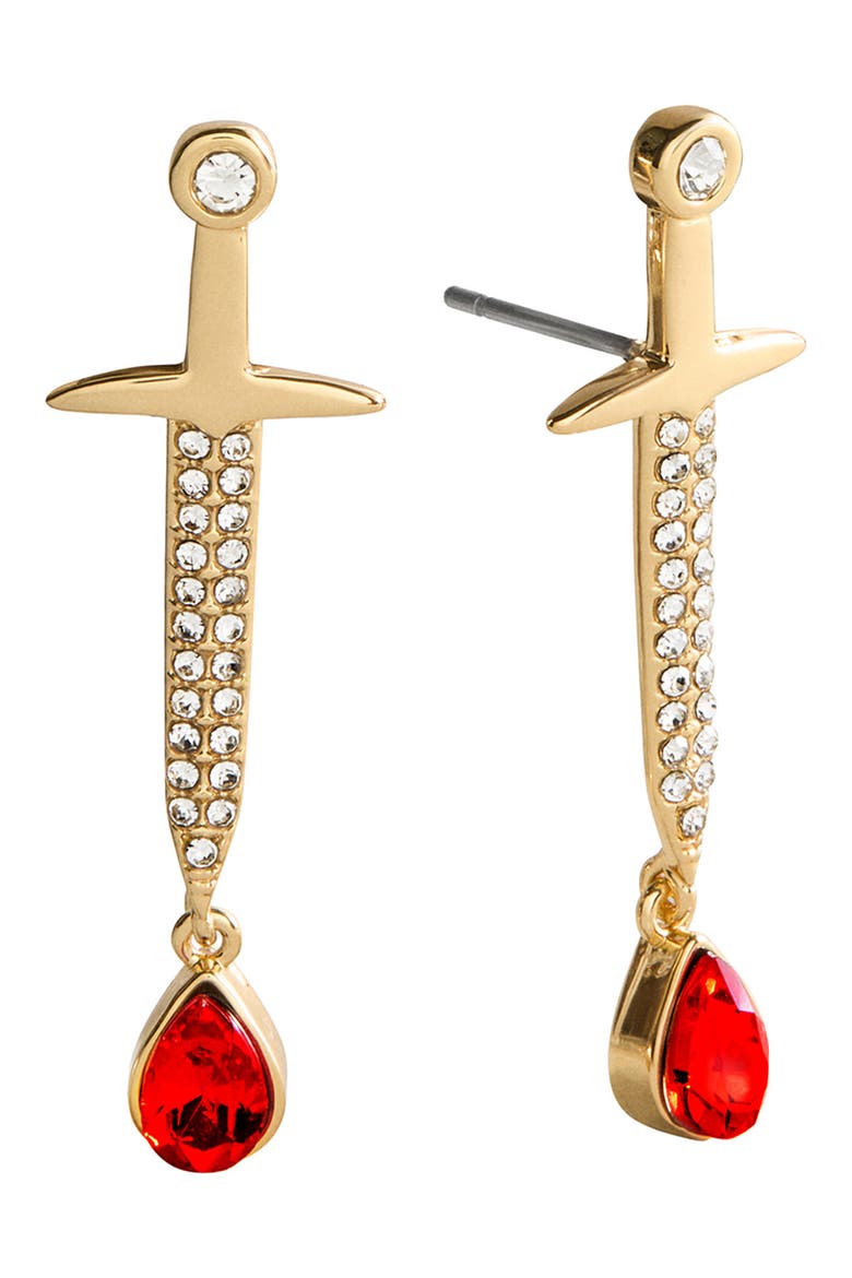 Cutting Edge Dagger Drop Earrings, Main, color, RED