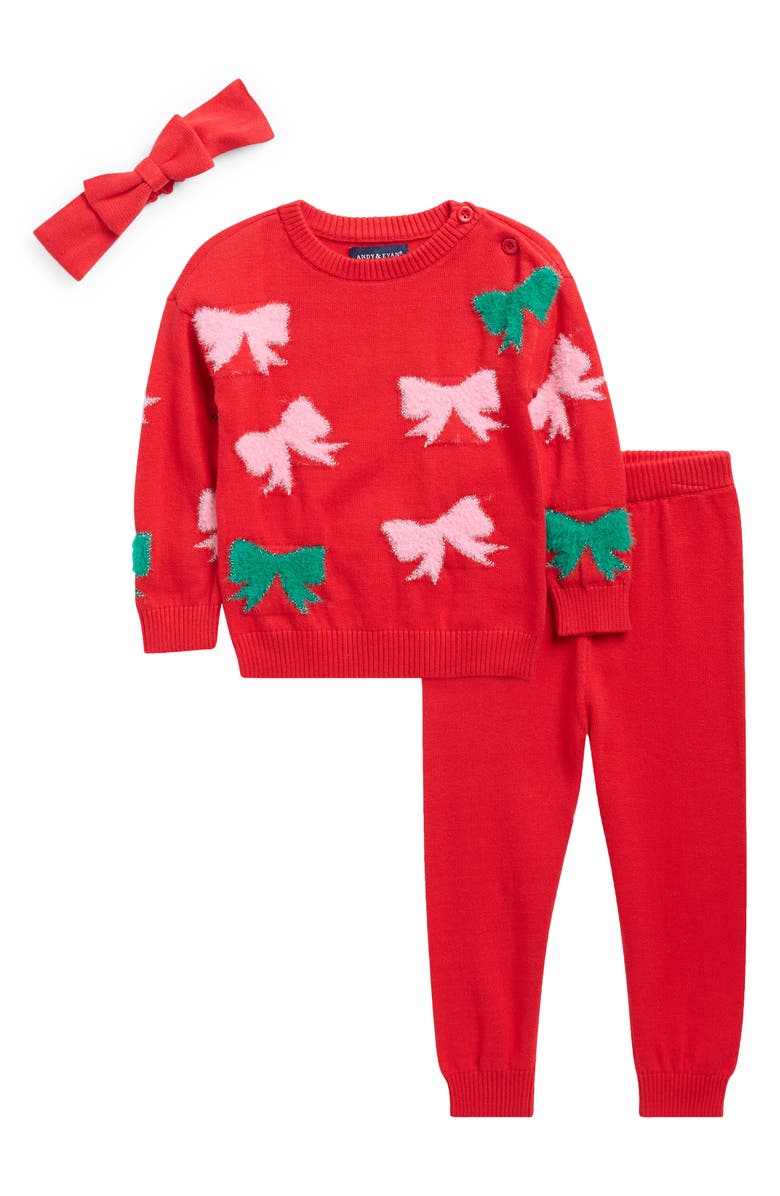 Andy & Evan Bow Sweater, Leggings & Headband Set, Main, color, Red Bows