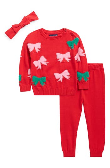 Andy & Evan Bow Sweater, Leggings & Headband Set In Red
