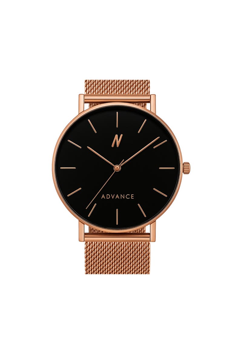 Advance CRWN Mesh Bracelet Watch, 36MM, Main, color, Brushed Rose Gold/Black