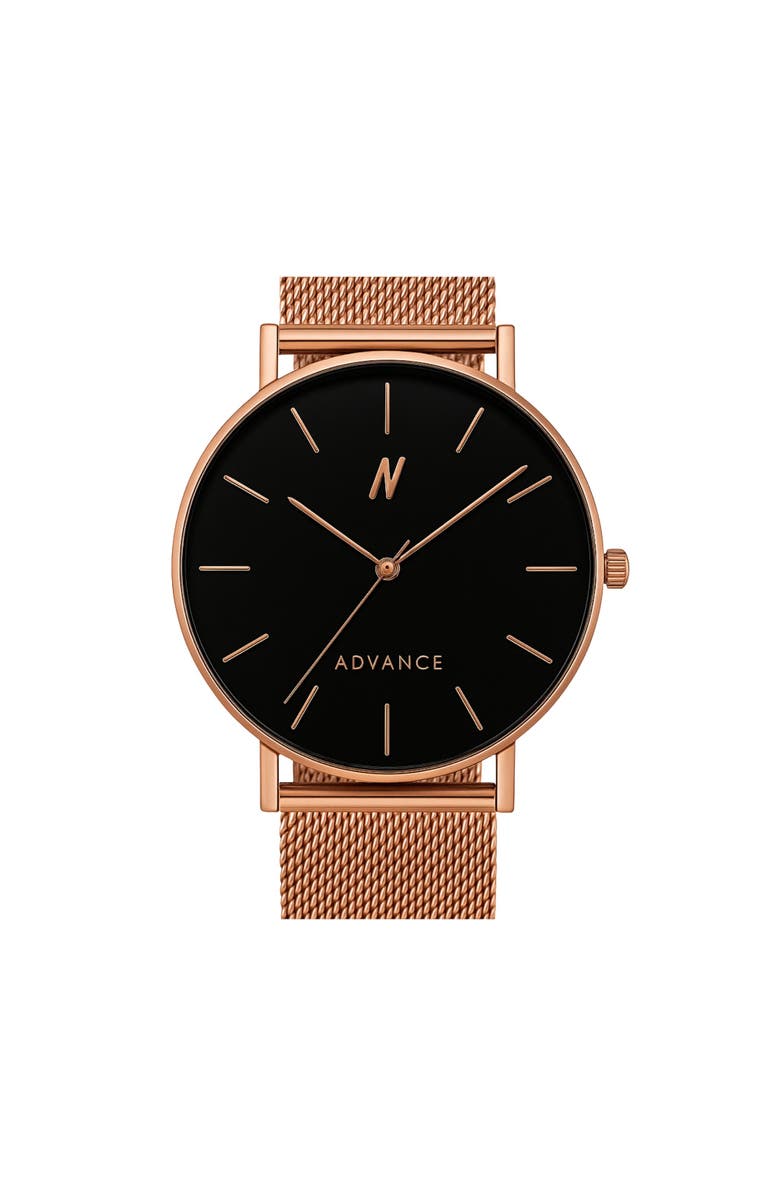 NCMPRBL Advance CRWN Mesh Bracelet Watch, 36MM, Main, color, Brushed Rose Gold/Black
