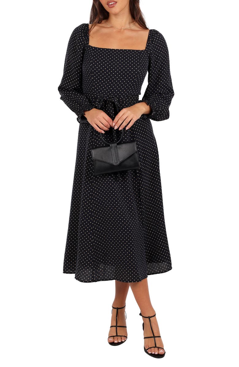 Petal & Pup Ettie Polka Dot Long Sleeve Midi Dress, Main, color, Black Polka Dot