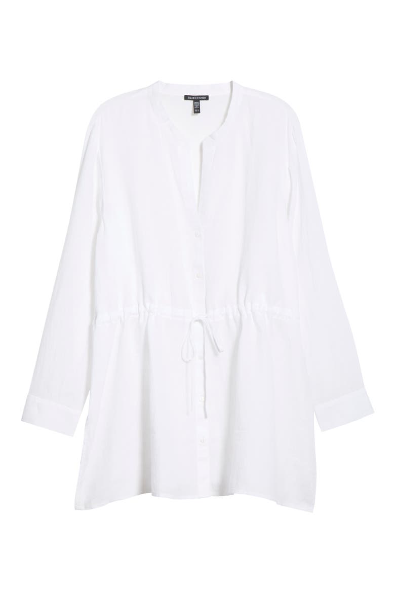Split Neck Organic Linen Long Drawstring Shirt, Alternate, color, WHITE