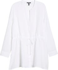 Eileen Fisher Split Neck Organic Linen Long Drawstring Shirt