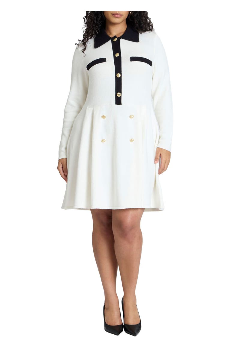 ELOQUII Collared Sweater Dress With Buttons, Main, color, Black With White