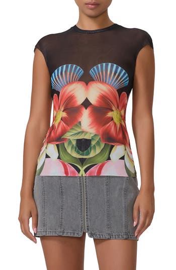 Afrm Nina Print Cap Sleeve Mesh Top In Hibiscus Shell