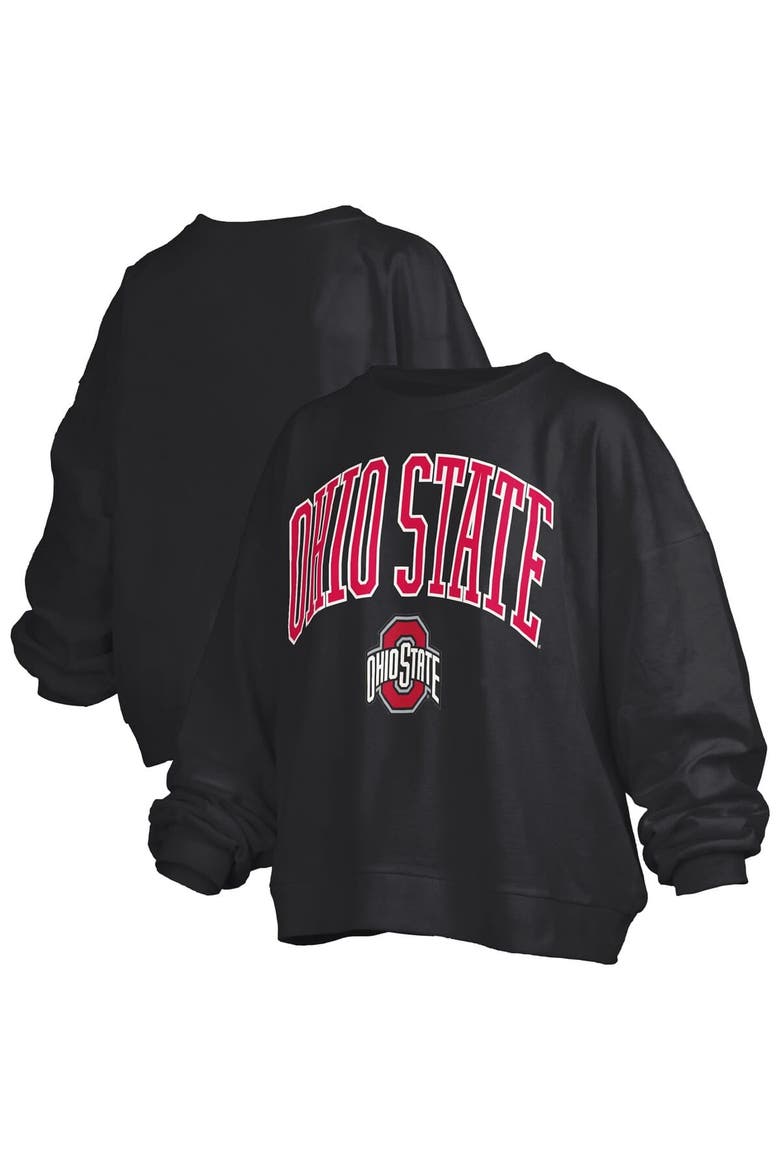 Women's Pressbox Black Ohio State Buckeyes Janise Arch Over Logo Waist Length Oversized Pullover Sweatshirt, Main, color, Black