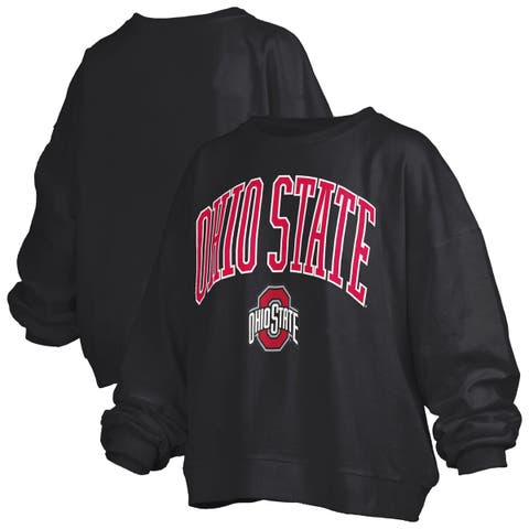 Women's Pressbox Black Ohio State Buckeyes Janise Arch Over Logo Waist Length Oversized Pullover Sweatshirt