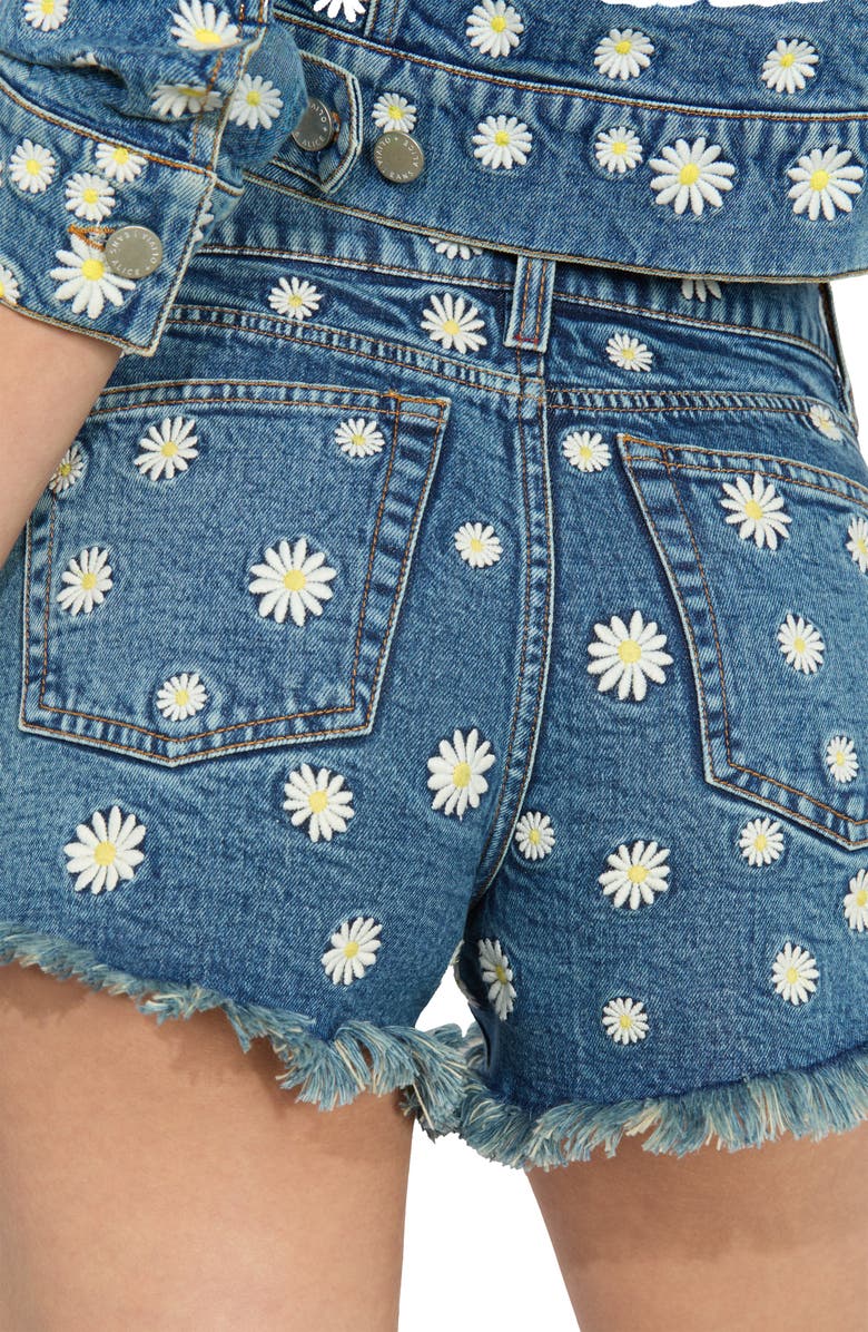 Alice + Olivia Warren Embroidered Floral Raw Hem Denim Shorts, Alternate, color,