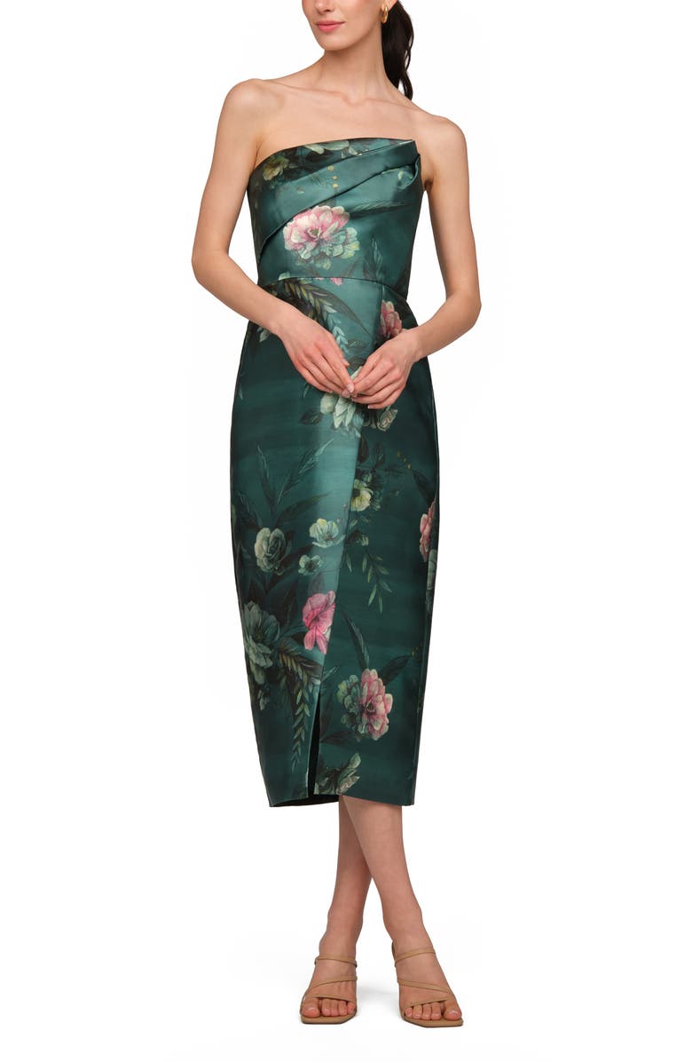 Kay Unger Amelie Floral Strapless Mikado Sheath Cocktail Dress, Alternate, color, Emerald