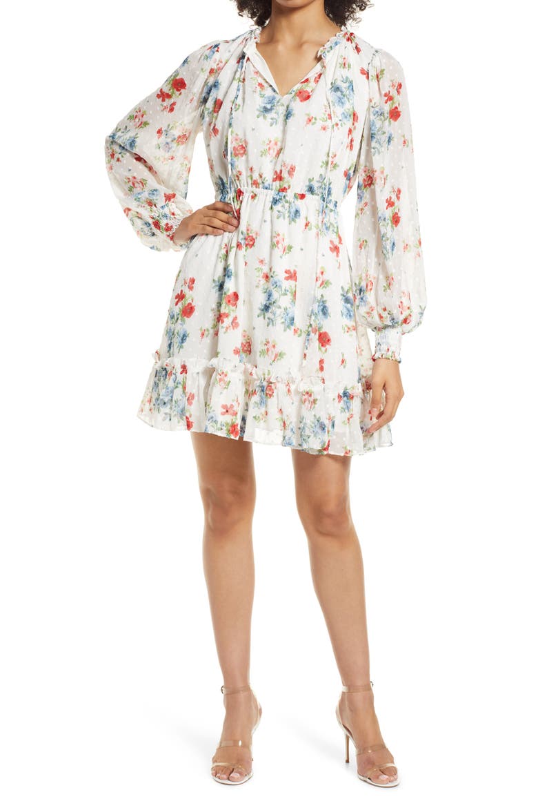 Floral Print Long Sleeve Swiss Dot Dress (Nordstrom Exclusive), Main, color, IVORY IKAT BOUQUET