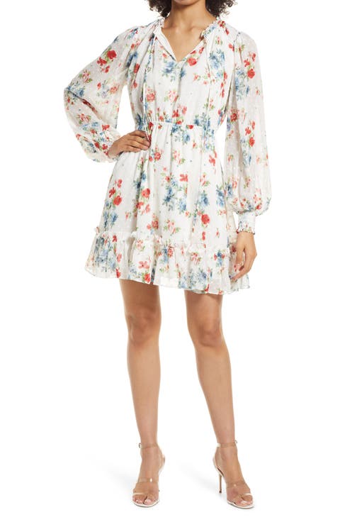 Floral Print Long Sleeve Swiss Dot Dress (Nordstrom Exclusive)
