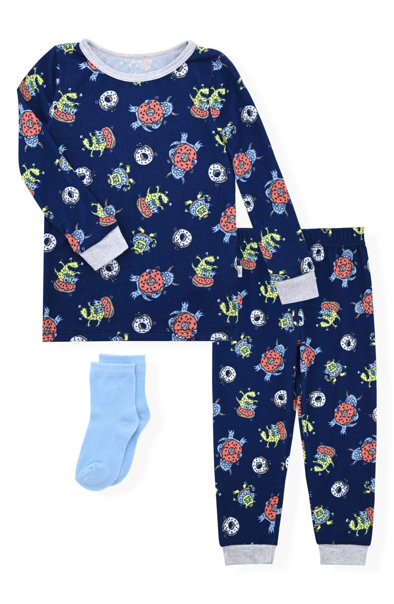 SLEEP ON IT Fitted Two-Piece Pajamas & Socks Set, Main, color, Navy
