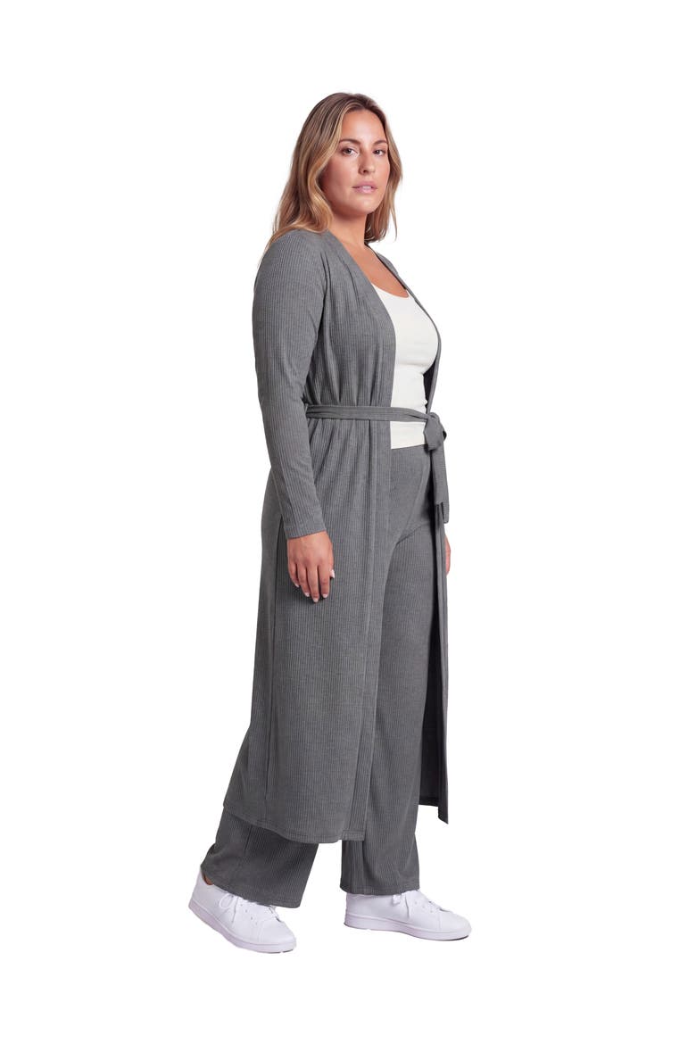 Curvy Basic Long Sleeve Tie Waist Soft Jacket and Elastic Waist Wide Leg Pant Set, Alternate, color, Smoke