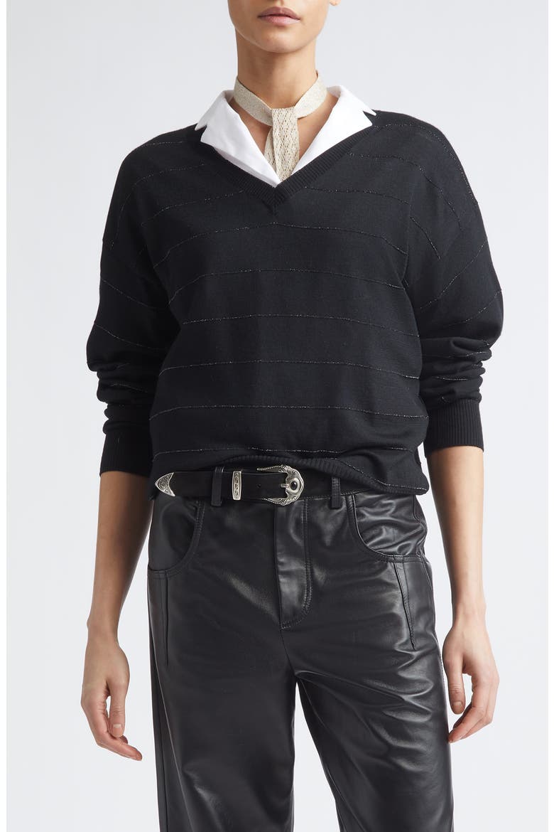Metallic Stripe Wool V-Neck Sweater, Main, color, 22 BLACK